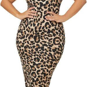 Women's Plus Size Leopard Print Short Sleeve Bodycon Maxi Dress for Casual